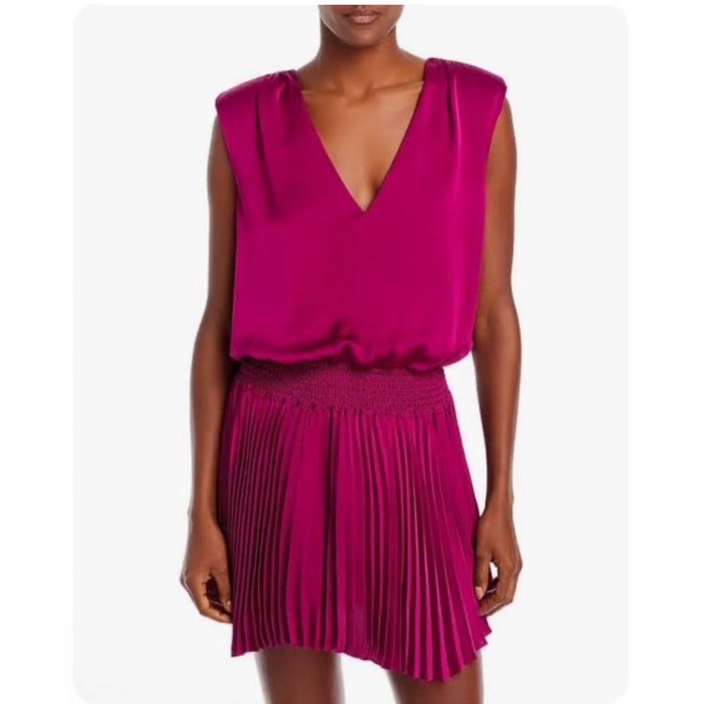 Ramy Brook Pleated Mini Dress Size S Fuchsia V-Neck V-Neck Smocked Sexy